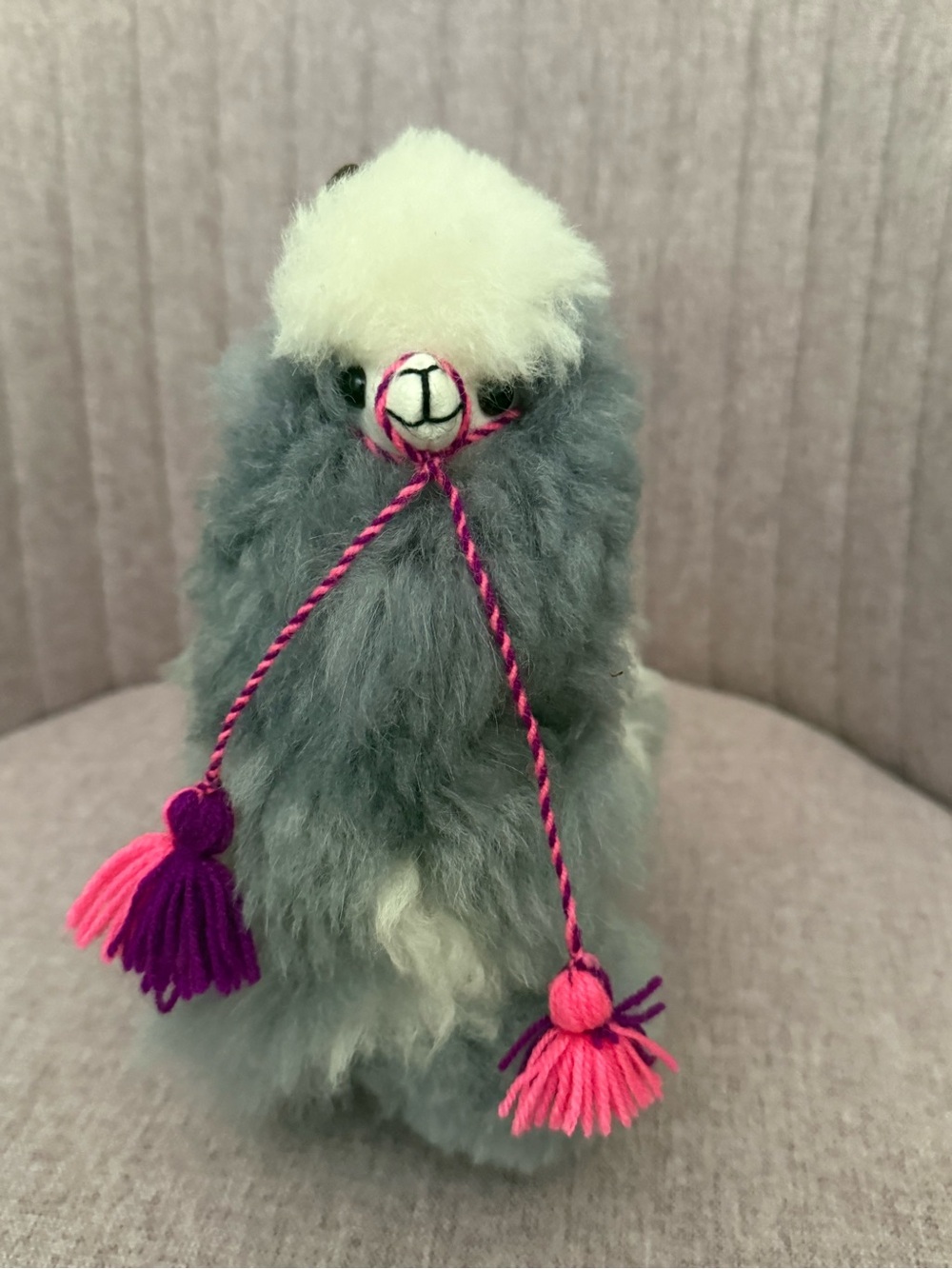 Fluffy Gray and cream Alpaca Plush with Pink & Purple Tassels